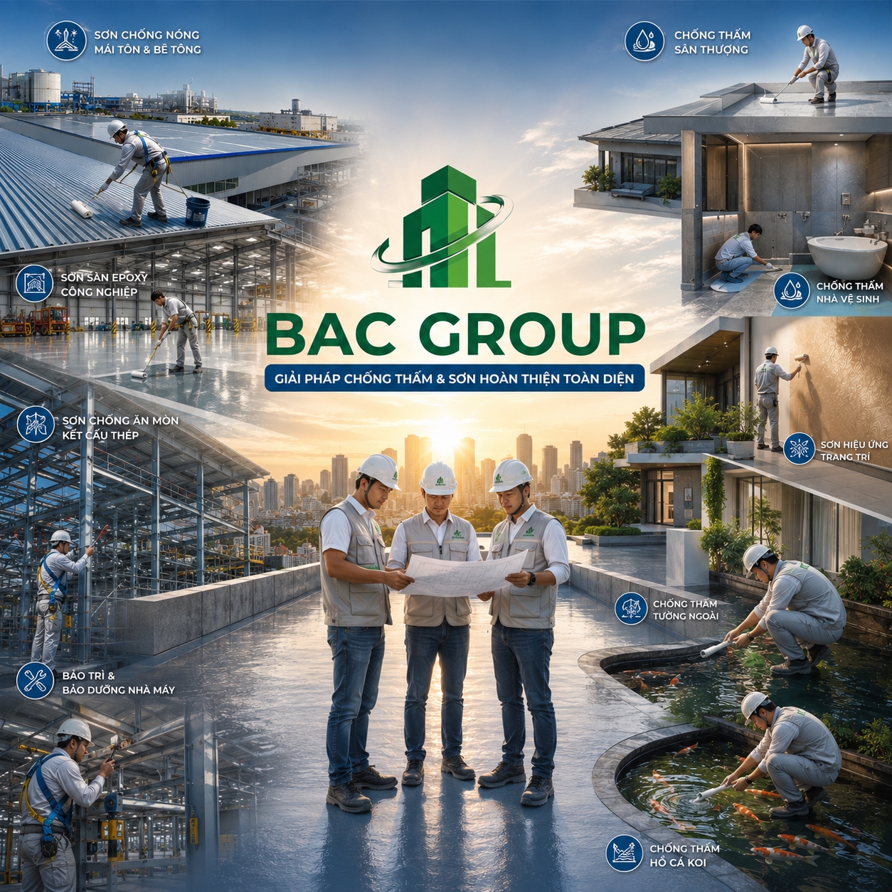 Dịch vụ của BAC Group thi công chống thấm sàn mái lộ thiên bằng màng Polyurethane kỹ thuật cao