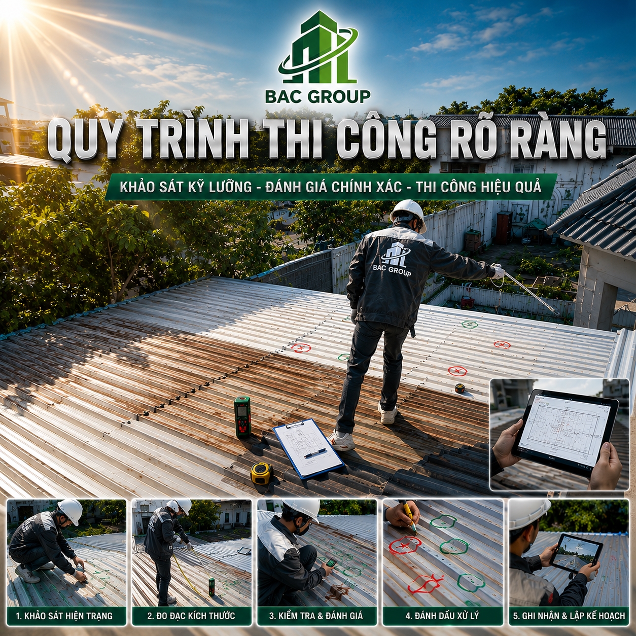 Đội kỹ thuật BAC Group kiểm tra mái tôn và đánh dấu vị trí xử lý trước thi công
